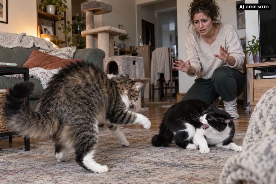 Katzenstreit und Zusammenführungen 1 Streitende Katzen im Wohnzimmer